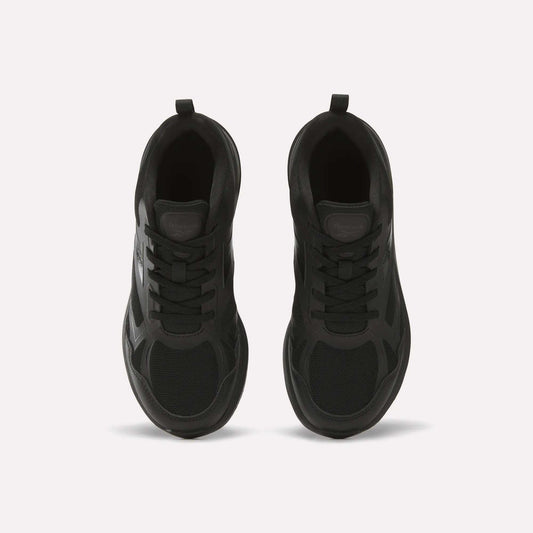 Top view of Reebok Rush Runner 6.0 Running Shoes for Big Kids, black with mesh and synthetic panels, black laces, EVA midsole, and heel pull tabs, placed side by side on a light background.