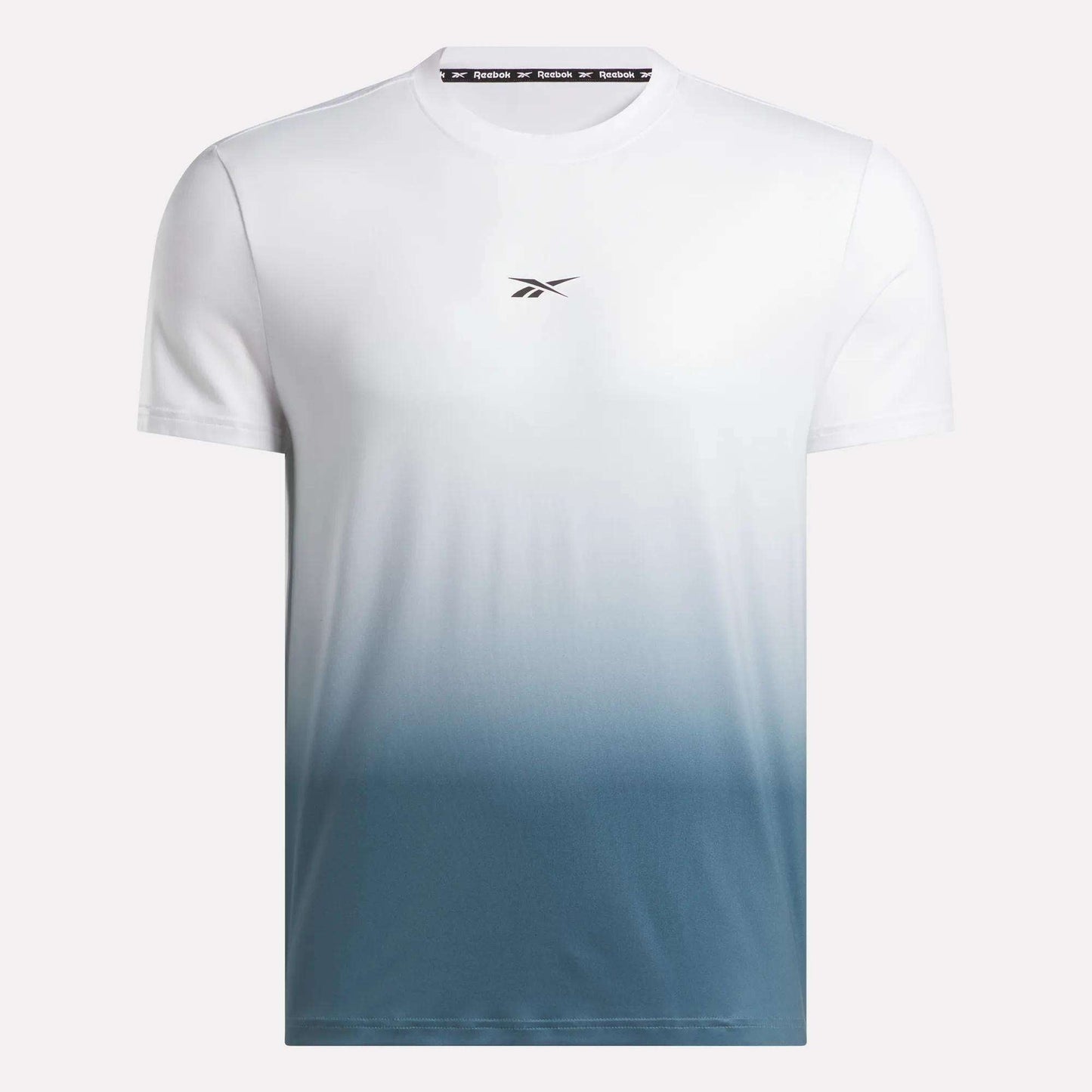 The Reebok Men's Athlete Speed Ombré T-Shirt is a stylish short-sleeve gym shirt with a white top that fades into blue and features a small Reebok logo centered on the chest.