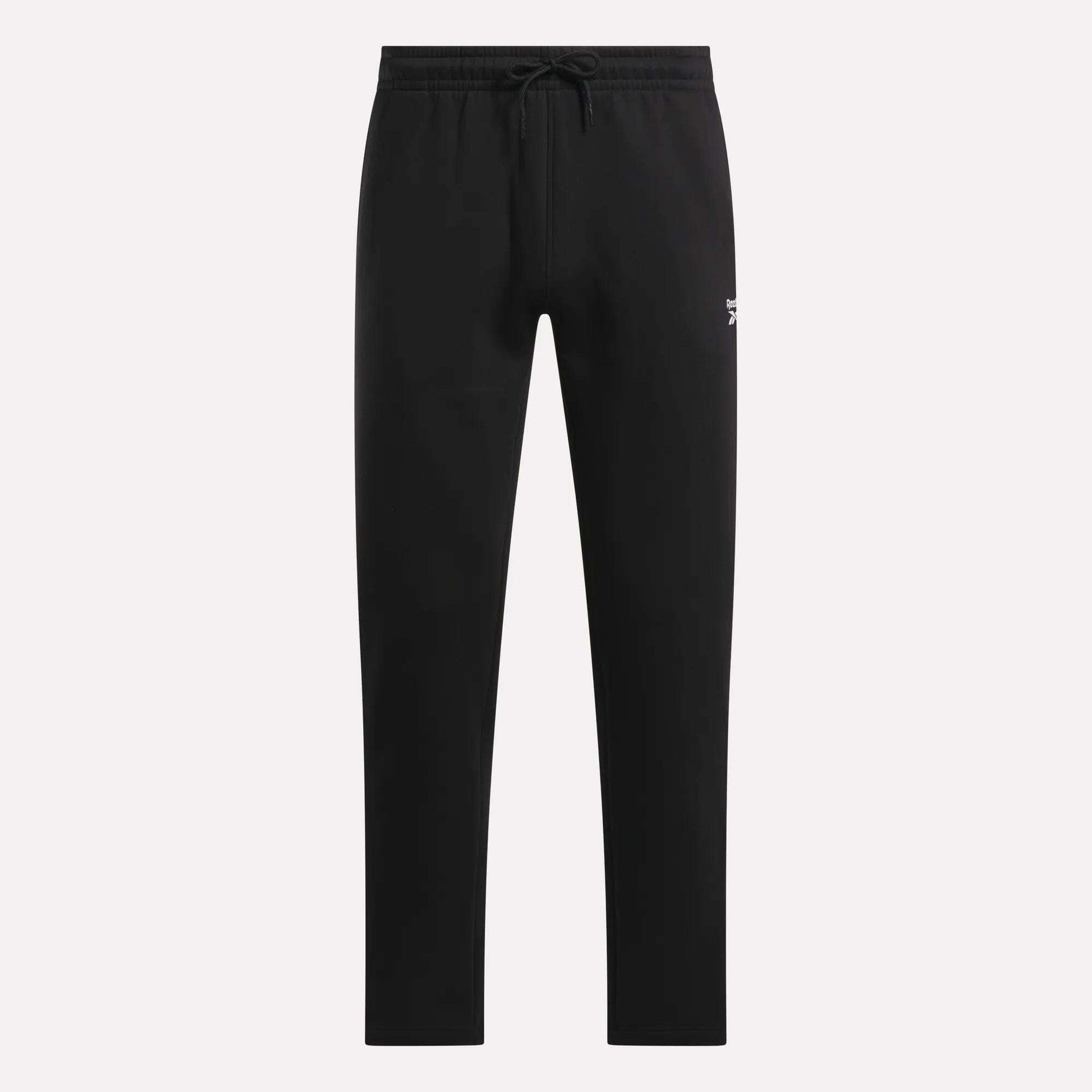 Men's Fleece Straight Leg Pants from Reebok, featuring a drawstring waistband, straight-leg design, and a small white logo on the left thigh. Made from cozy brushback fleece for added comfort, these black athletic pants are displayed against a plain light background.
