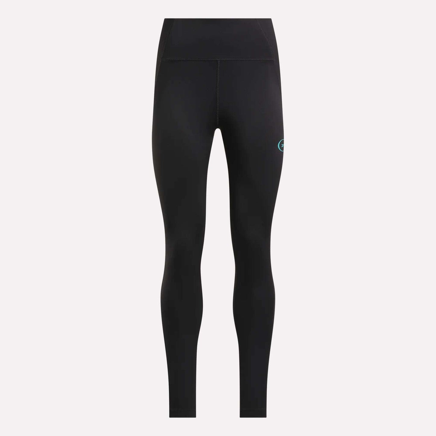 Reebok Women's Speed HR High-Rise Leggings shown in black with a small teal logo on the left thigh, flat seams, and a fitted full-length design for comfort during any workout, displayed on a plain light background.