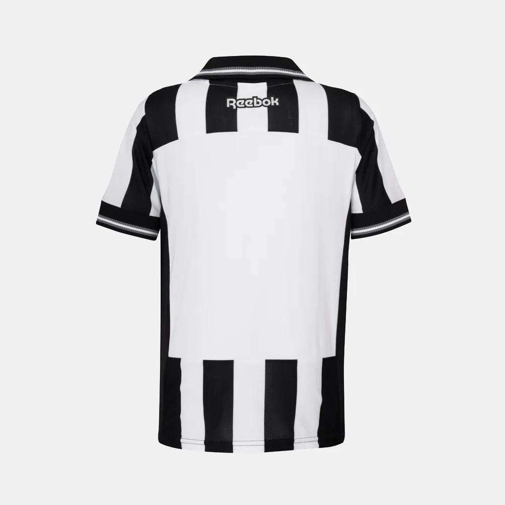 The Kids' Botafogo Youth Home Jersey by Reebok features black and white stripes, a black collar, and the Reebok logo on the back—an iconic 25/26 football shirt for young fans.
