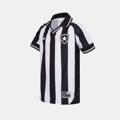 The Reebok Kids' Botafogo Youth Home Jersey features black and white stripes, short sleeves, a collar, and a star emblem on the chest, shown against a plain white background.