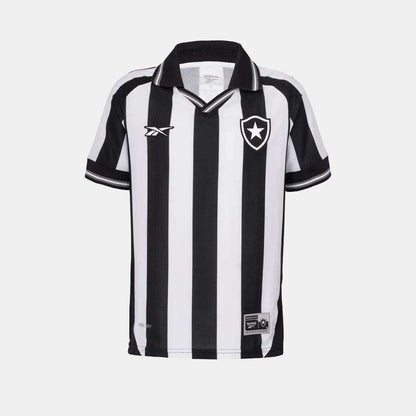 The Kids' Botafogo Youth Home Jersey by Reebok features black and white stripes, a collar, the club badge, and Reebok logo on the chest. The 25/26 home shirt is shown on a plain white background.