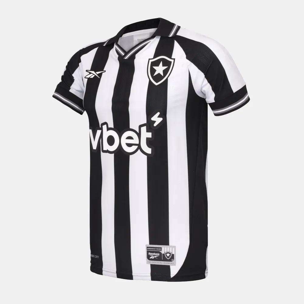 The Botafogo Men's Home Jersey by Reebok features black and white vertical stripes, short sleeves, a v-neck collar, star crest on the left chest, and vbet logo—official 25/26 home kit.