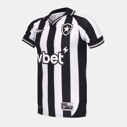 The Botafogo Men's Home Jersey by Reebok features black and white vertical stripes, short sleeves, a v-neck collar, star crest on the left chest, and vbet logo—official 25/26 home kit.
