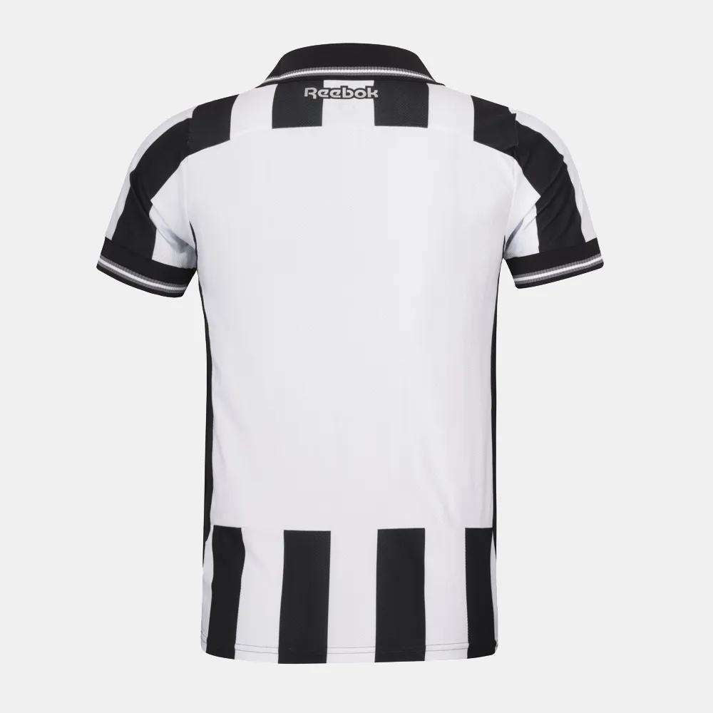 The image shows the back view of the Botafogo Men's Home Jersey by Reebok, featuring short sleeves, a collar, black and white vertical stripes, and black trim on the sleeves.