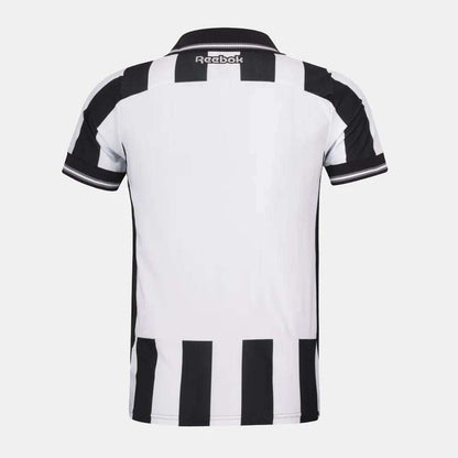 The image shows the back view of the Botafogo Men's Home Jersey by Reebok, featuring short sleeves, a collar, black and white vertical stripes, and black trim on the sleeves.