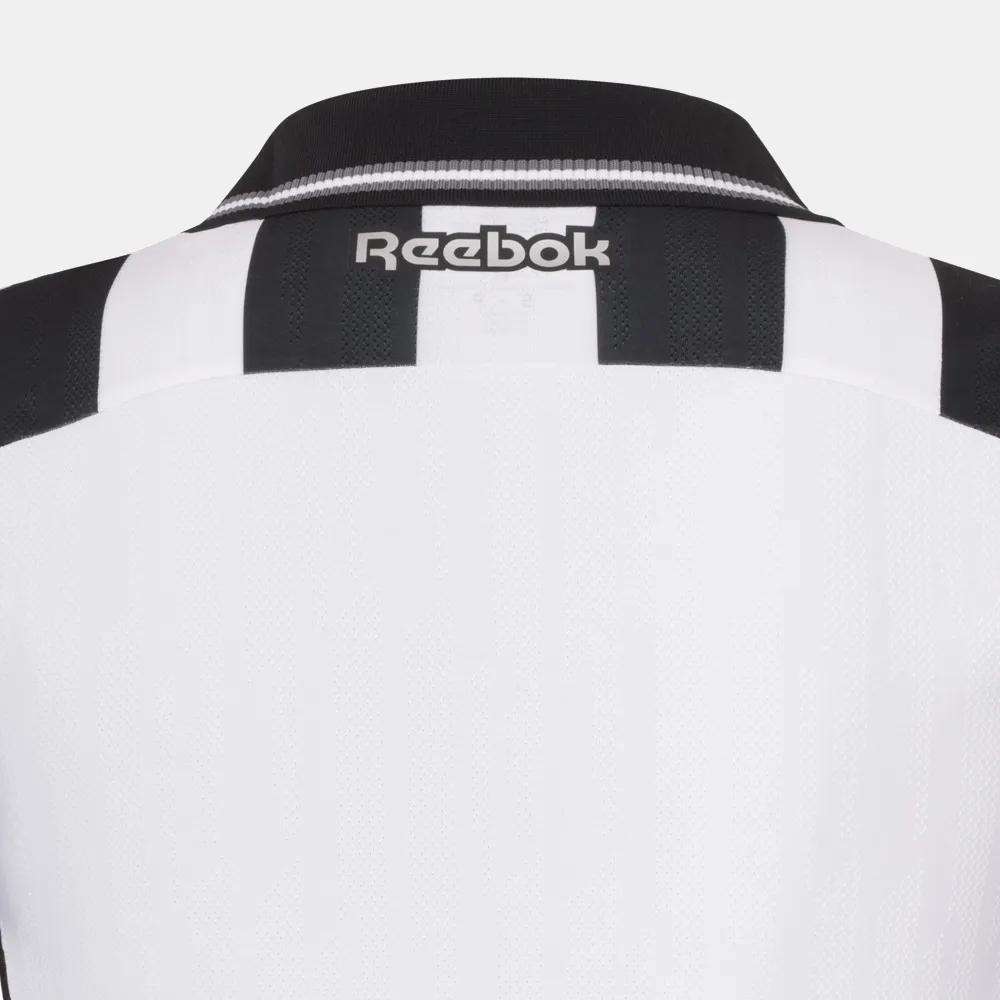 Close-up of the back of the Botafogo Men's Home Jersey by Reebok, showing black and white stripes, a black collar, and the Reebok logo near the top—highlighting the classic style of this 25/26 home kit.