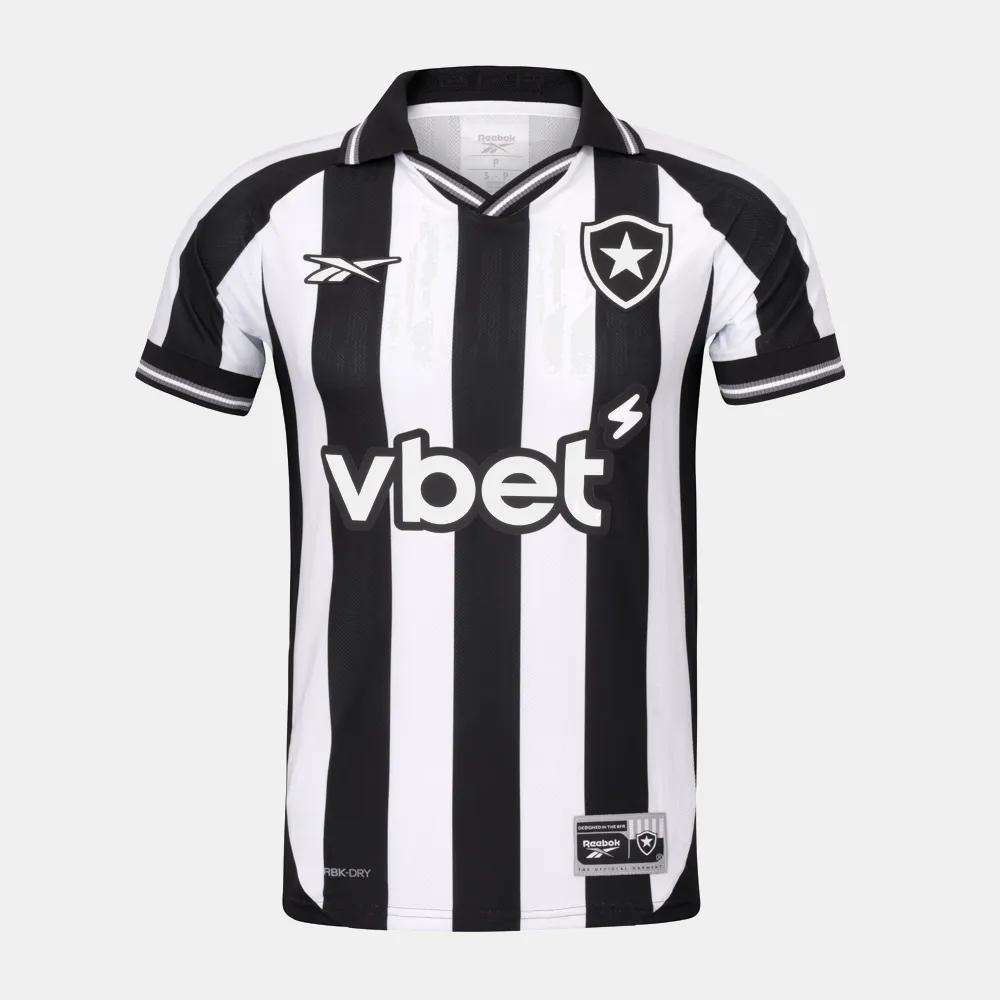 The Reebok Botafogo Men's Home Jersey features black and white vertical stripes, the club crest, vbet sponsor logo, a stylish collar, and black sleeve trim—perfect for fans of the official 25/26 home kit.