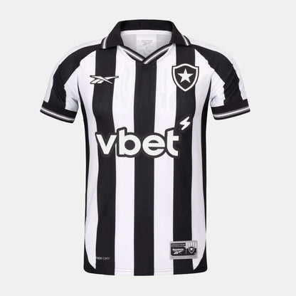 The Reebok Botafogo Men's Home Jersey features black and white vertical stripes, the club crest, vbet sponsor logo, a stylish collar, and black sleeve trim—perfect for fans of the official 25/26 home kit.