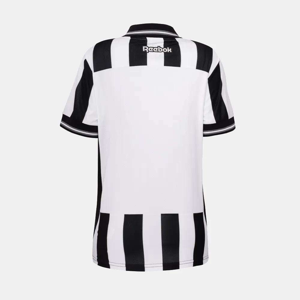 The Botafogo Women's Home Jersey by Reebok features black and white stripes, a collar, short sleeves, and the Reebok logo at the top center back—a classic look inspired by Botafogo’s home kit.