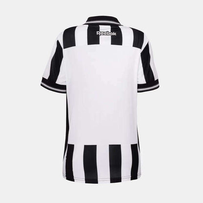 The Botafogo Women's Home Jersey by Reebok features black and white stripes, a collar, short sleeves, and the Reebok logo at the top center back—a classic look inspired by Botafogo’s home kit.