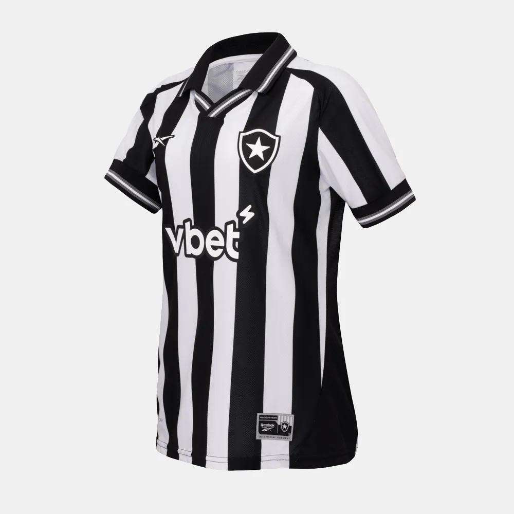 The Reebok Botafogo Women's Home Jersey is a black and white vertically striped 25/26 football shirt with short sleeves, a collar, team crest on the chest, and vbet sponsor printed on the front.