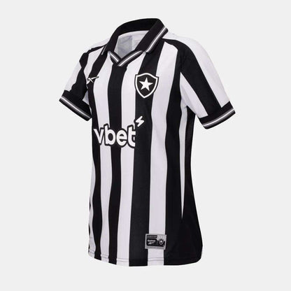 The Reebok Botafogo Women's Home Jersey is a black and white vertically striped 25/26 football shirt with short sleeves, a collar, team crest on the chest, and vbet sponsor printed on the front.