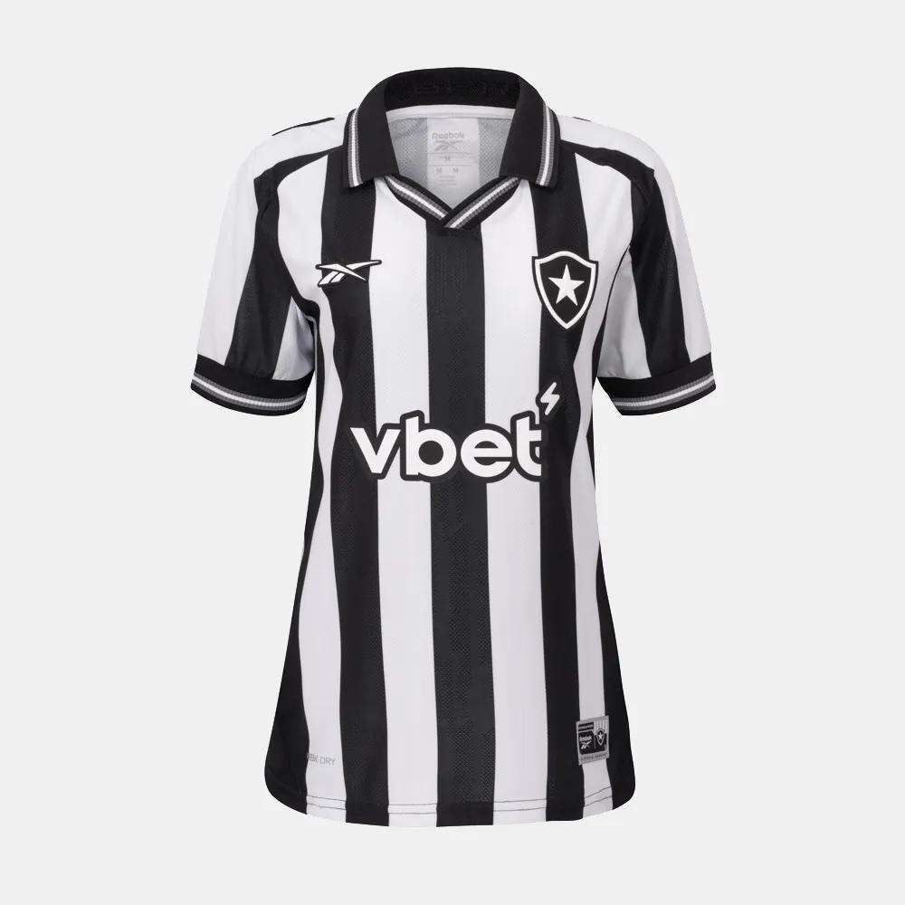 The Botafogo Women's Home Jersey by Reebok features black and white vertical stripes, short sleeves, a collar, and front logos including the Botafogo badge, Reebok, and vbet for the 25/26 season.