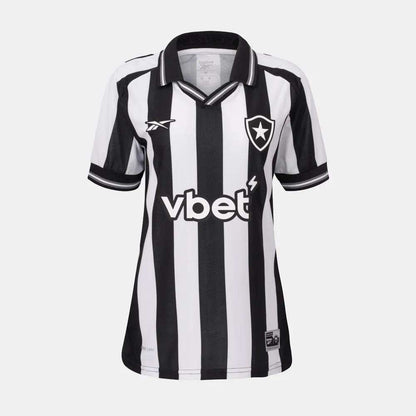 The Botafogo Women's Home Jersey by Reebok features black and white vertical stripes, short sleeves, a collar, and front logos including the Botafogo badge, Reebok, and vbet for the 25/26 season.