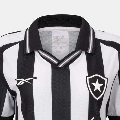 The Botafogo Women's Home Jersey by Reebok features classic black and white stripes, a black collar, Reebok logo on the right chest, and star shield badge on the left—perfect for the 25/26 football shirt collection.