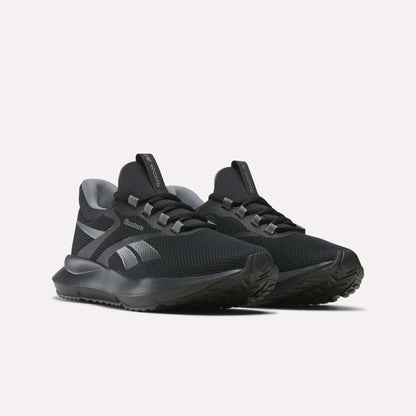 A pair of Reebok Men's Cityride 2 Running Shoes in black with gray accents, mesh uppers, lace-up closures, and textured rubber soles with FuelFoam cushioning, displayed side by side on a plain white background.