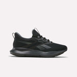 The Reebok Men's Cityride 2 Running Shoes in Black/Black/Grey feature a mesh upper, dark gray accents, and a black sole with FuelFoam cushioning, shown in side profile on a plain white background.