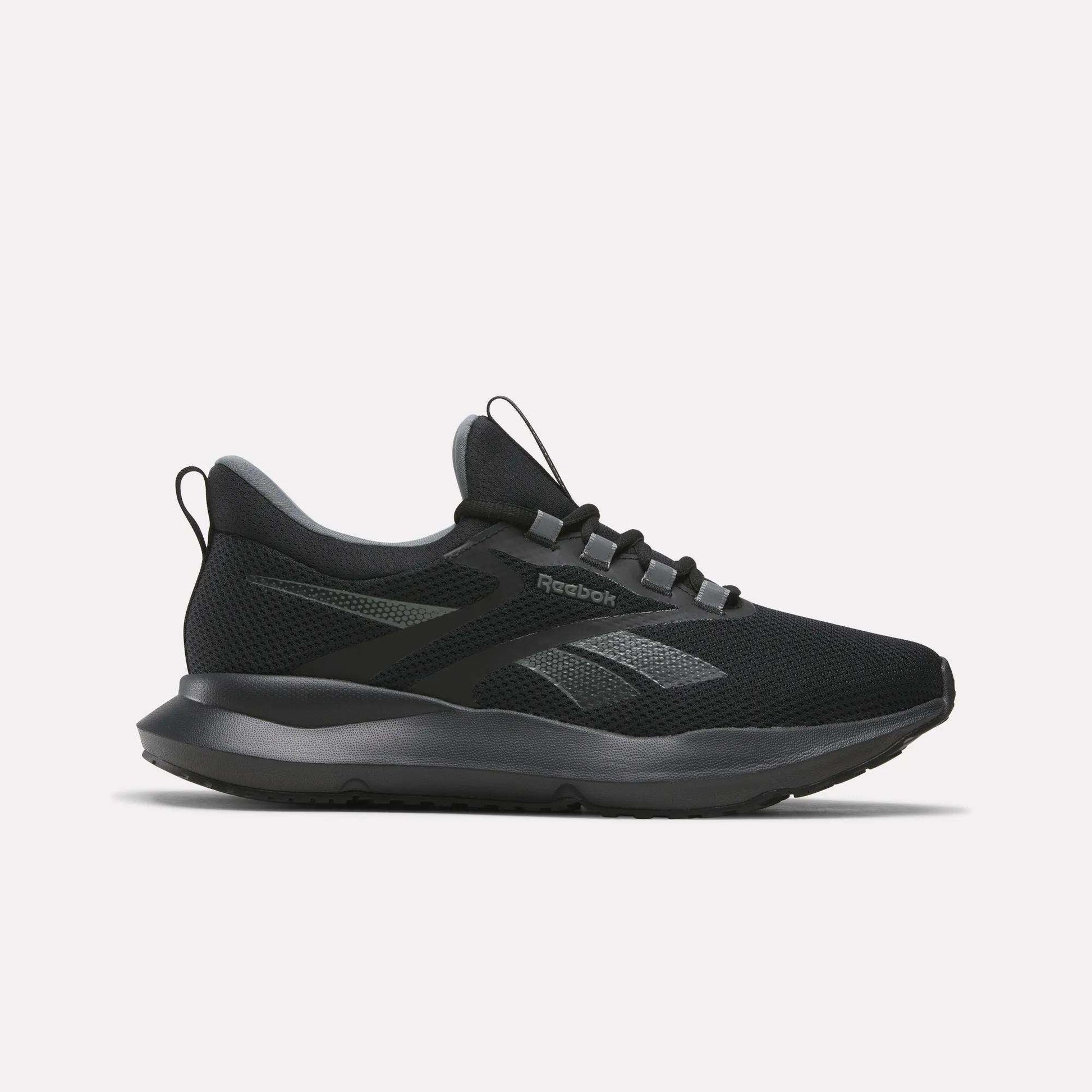 The Reebok Men's Cityride 2 Running Shoes in Black/Black/Grey feature a mesh upper, dark gray accents, and a black sole with FuelFoam cushioning, shown in side profile on a plain white background.