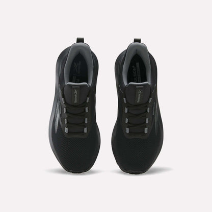 A pair of black Reebok Men's Cityride 2 Running Shoes seen from above, featuring mesh uppers, gray laces, subtle gray logos on the sides and tongues, and FuelFoam cushioning—all set against a plain white background.
