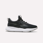 The Reebok Women's Cityride 2 Running Shoes in Black/White/Grey feature a mesh upper, FuelFoam cushioning, gray detailing, and a white sole. The shoe is pictured in side profile on a plain white background.