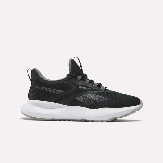 The Reebok Women's Cityride 2 Running Shoes in Black/White/Grey feature a mesh upper, FuelFoam cushioning, gray detailing, and a white sole. The shoe is pictured in side profile on a plain white background.