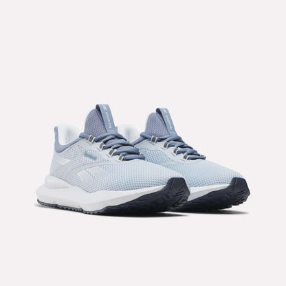 The Reebok Women's Cityride 2 Running Shoes in light gray and blue feature mesh uppers, lace-up closures, FuelFoam cushioning, and textured rubber soles, shown on a white background.