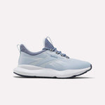 The Women's Cityride 2 Running Shoes by Reebok, shown in side profile against a white background, feature a mesh upper in Tranquil Blue/Ftwr White with FuelFoam cushioning and dark blue interior and heel accents.