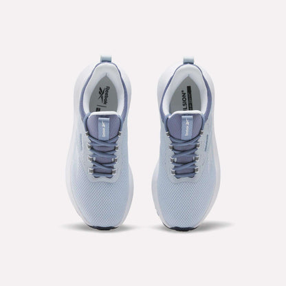 Top view of Reebok Women's Cityride 2 Running Shoes in light blue with white soles, grayish blue laces, and mesh uppers. The Reebok logo appears on the tongue and insoles. Features FuelFoam cushioning for all-day comfort.