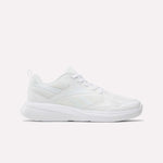 The Reebok Rush Runner 6.0 Running Shoes for big kids feature a mesh and synthetic white upper, white laces, and a textured EVA midsole—ideal for active lifestyles. Shown side profile in White/White/White on a plain background.