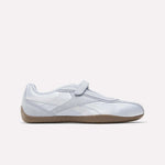 The Women's Ultra Lo Mary Jane Shoes by Reebok, shown in side profile, feature tranquil blue, ftwr white, and Reebok Lee 2 hues with a velcro strap and stitching details against a plain white background.