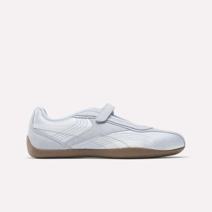 The Women's Ultra Lo Mary Jane Shoes by Reebok, shown in side profile, feature tranquil blue, ftwr white, and Reebok Lee 2 hues with a velcro strap and stitching details against a plain white background.