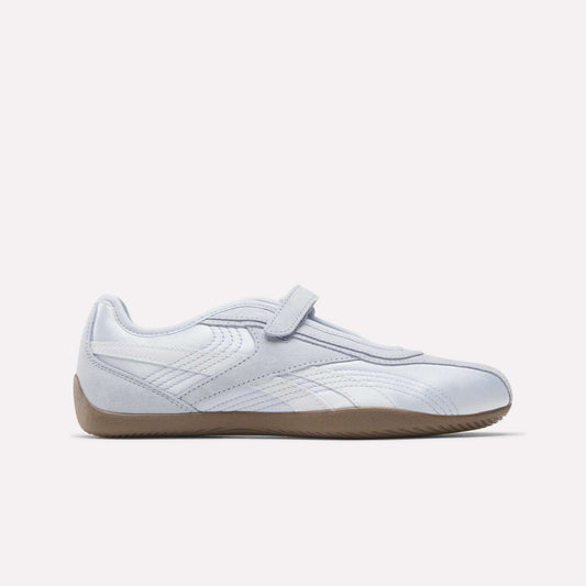 The Women's Ultra Lo Mary Jane Shoes by Reebok, shown in side profile, feature tranquil blue, ftwr white, and Reebok Lee 2 hues with a velcro strap and stitching details against a plain white background.