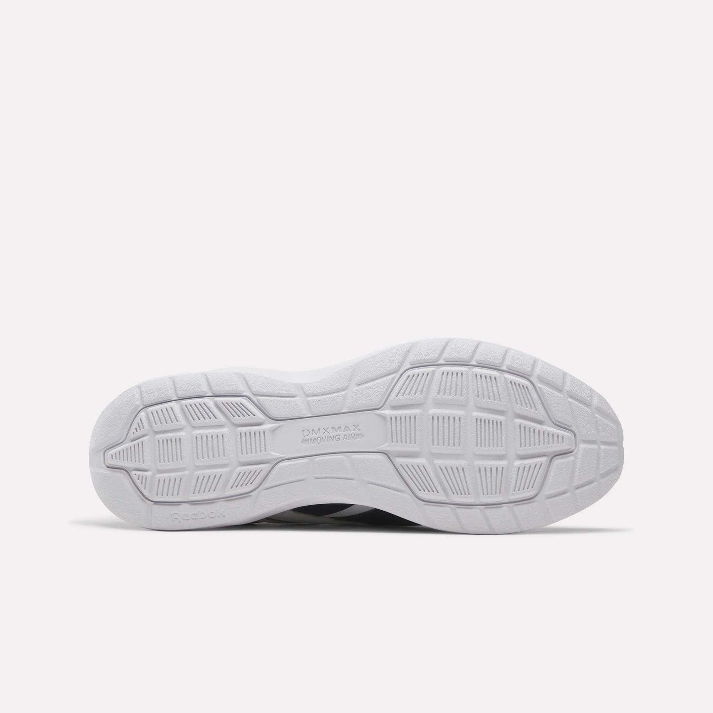 The image displays the white rubber outsole of the Men's Walk Ultra 7 DMX Max Shoes by Reebok, shown horizontally with textured grip patterns and "DMX MAX" stamped near the center, emphasizing the DMX cushioning technology featured in these comfortable walking shoes.