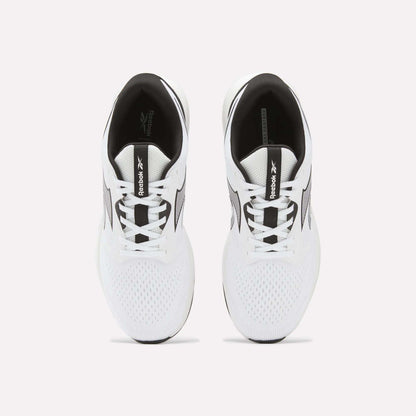 Top view of a pair of Reebok Men's Nanoflex 2 Training Shoes in white with black accents on a plain light background. These shoes feature breathable mesh uppers and visible Reebok branding on the tongues and sides.