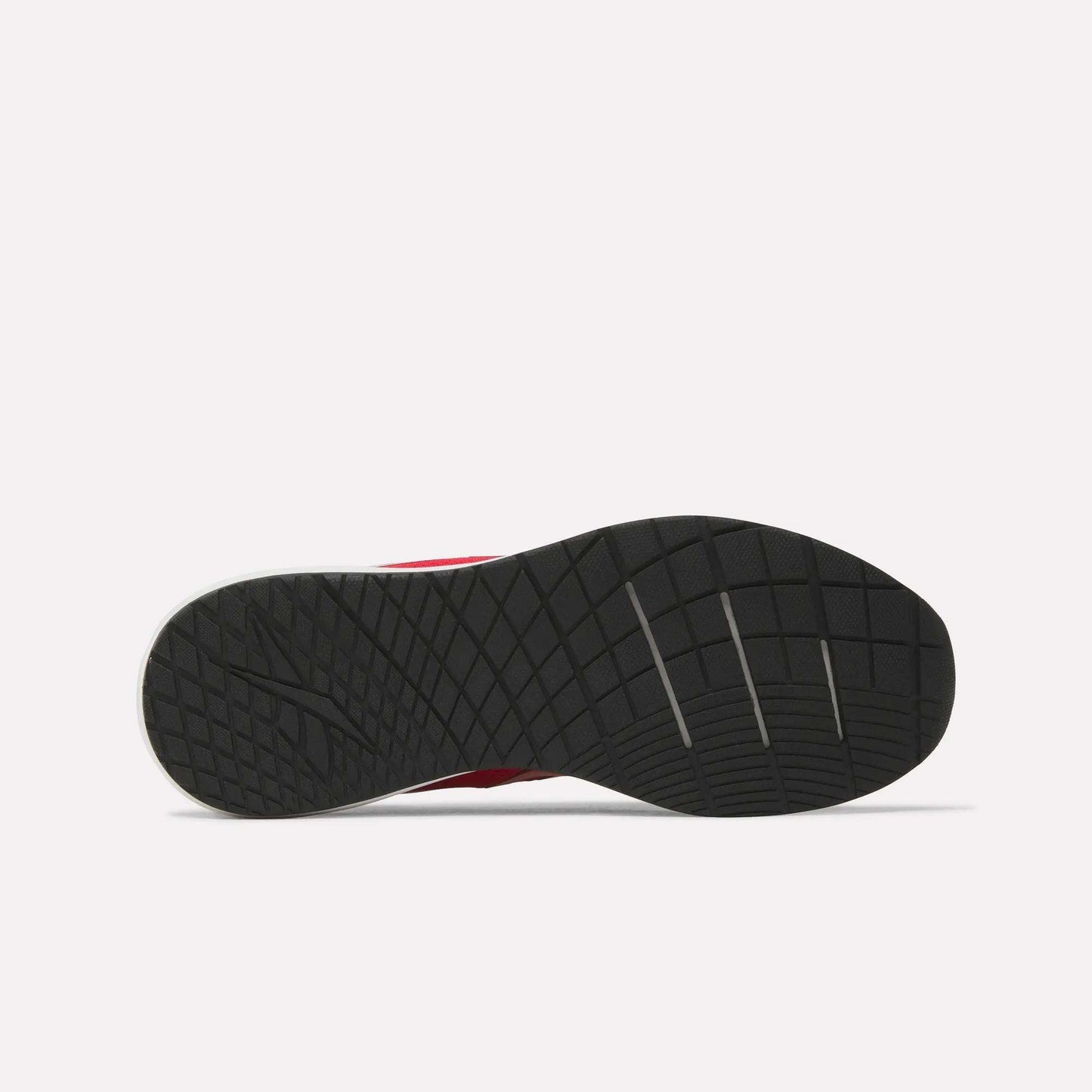 Bottom view of a black rubber sole from the Reebok Men's Nanoflex 2 Training Shoes, showcasing a textured, grid-like tread pattern with several diagonal grooves, set against a plain white background.
