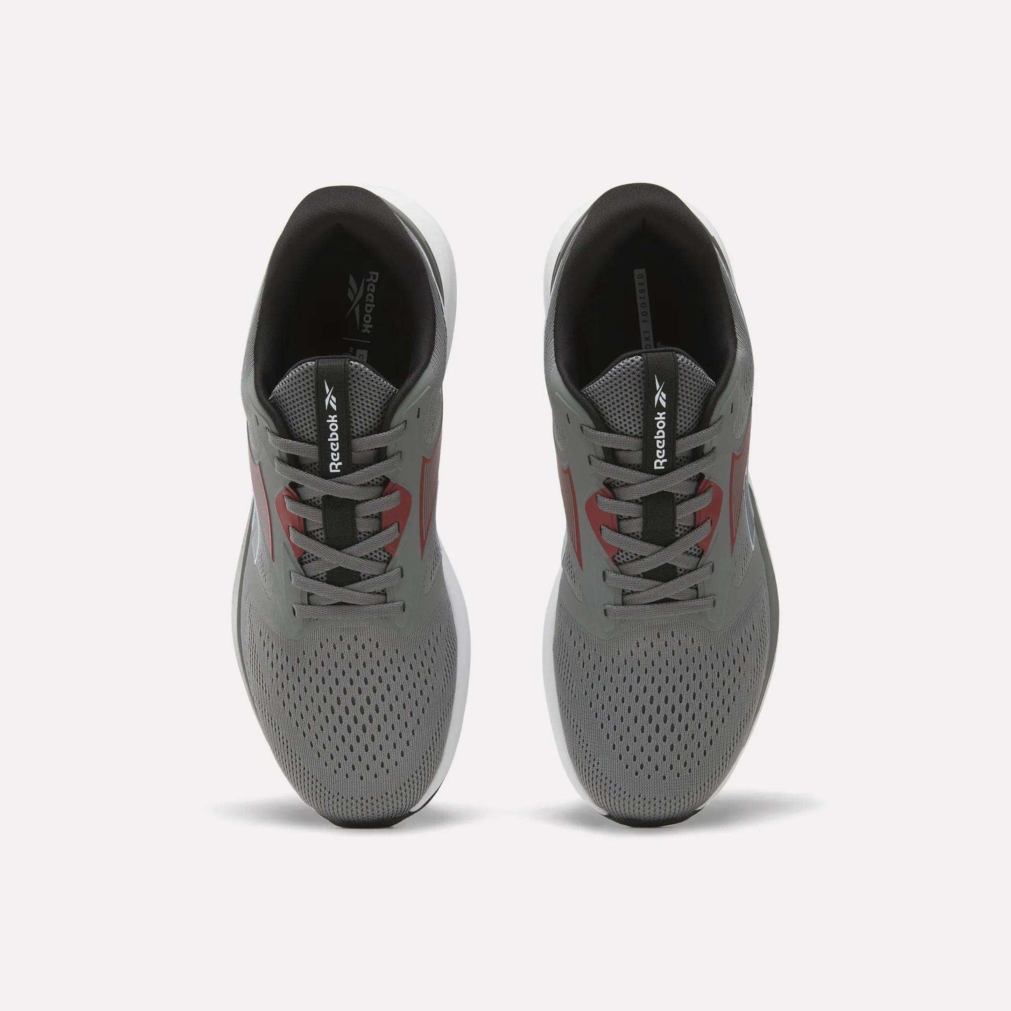 A pair of gray Reebok Men's Nanoflex 2 Training Shoes viewed from above, featuring black interiors, white soles, and red accents on the sides, with Reebok branding on the tongues. These athletic shoes are designed with breathable mesh for enhanced comfort during intense training sessions.