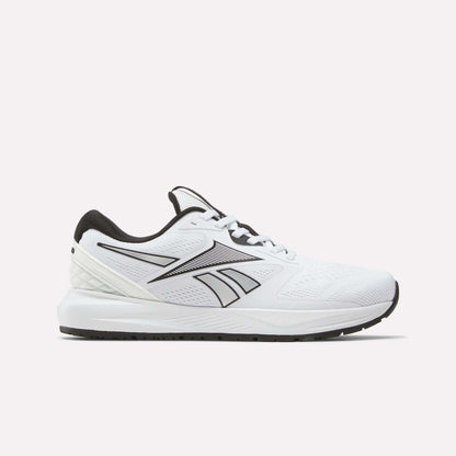 The Reebok Women's Nanoflex 2.0 Training Shoes in White/Black/Silver feature a mesh-like upper, black accents and laces, a black sole, and a stylized side logo—perfect for your next workout.