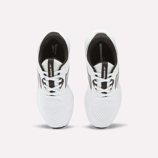 A pair of Reebok Women's Nanoflex 2.0 Training Shoes in white with black accents is shown from above, displaying the laces and mesh toe area. The shoes are placed side by side on a plain light background.