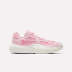 The Reebok Engine A 26 Basketball Shoes in Expressive Pink/Chalk feature mesh and synthetic overlays for stability and energy return, with a white midsole and textured outsole, shown in a side profile on a plain white background.