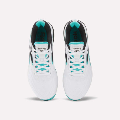 Top view of Reebok Nano X5 Edge Training Shoes in white with teal and black accents, featuring the Reebok logo on the tongue. Placed side by side—perfect for high-performance workouts.