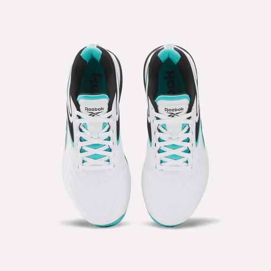 Top view of Reebok Nano X5 Edge Training Shoes in white with teal and black accents, featuring the Reebok logo on the tongue. Placed side by side—perfect for high-performance workouts.