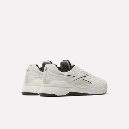 Reebok Nano X5 Edge Training Shoes in white with black soles and black/grey accents, displayed from back and side angles on a plain white background—perfect for top performance.