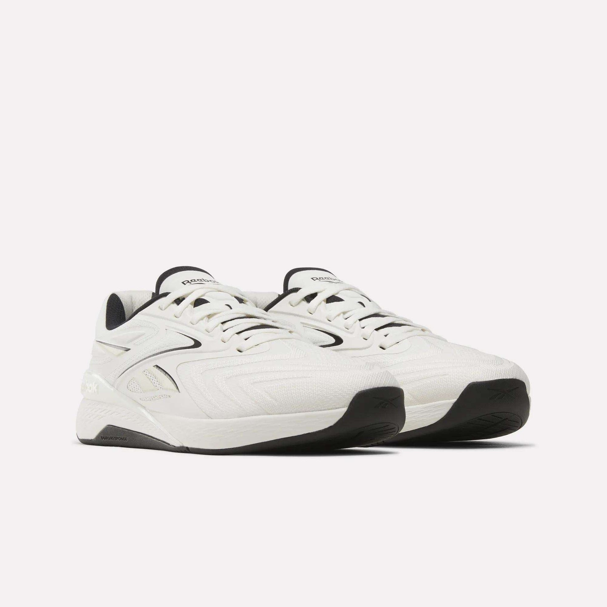 The Reebok Nano X5 Edge Training Shoes feature a white design with black soles and accents, shown side by side on a plain white background—ideal for high-performance workouts.