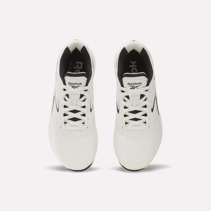 Top view of Reebok Nano X5 Edge Training Shoes in white with black accents and inner lining, neatly laced and side by side on a plain white background, highlighting performance and style.