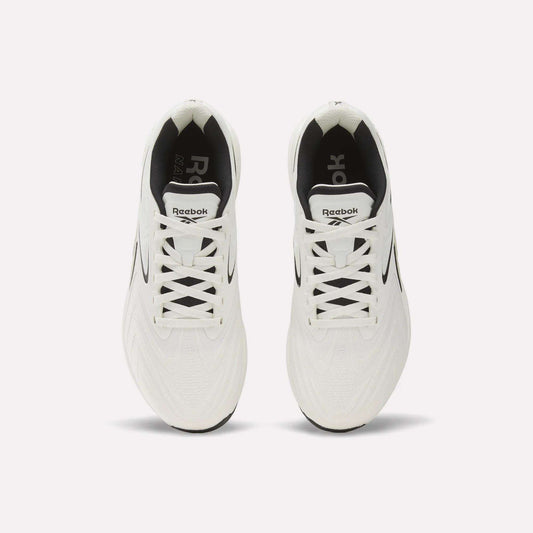 Top view of Reebok Nano X5 Edge Training Shoes in white with black accents and inner lining, neatly laced and side by side on a plain white background, highlighting performance and style.
