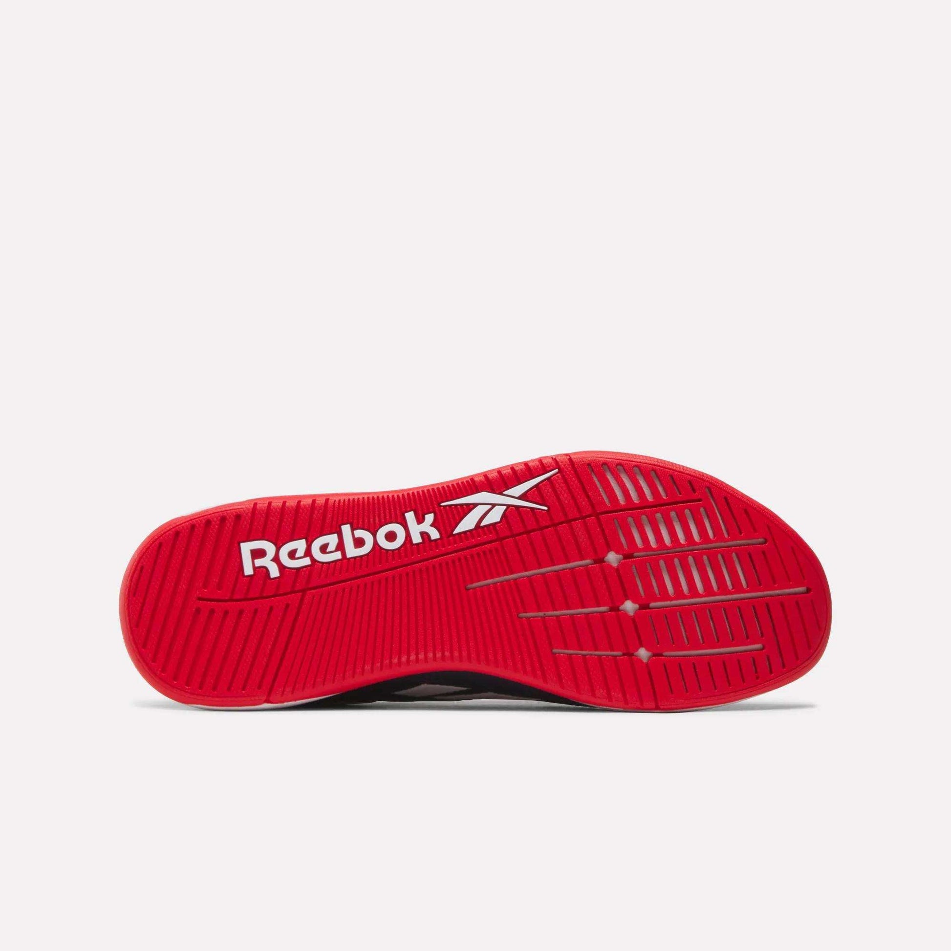The image shows the red outsole of the Reebok Nano X5 Edge Training Shoes with a white Reebok logo. The Flexweave sole features textured grooves and horizontal lines, designed for enhanced traction during training.