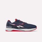 The Reebok Nano X5 Edge Training Shoes feature a navy upper with white and red accents, star patterns near the heel, a Flexweave upper, white Reebok logos, and a durable white sole detailed in red and navy.