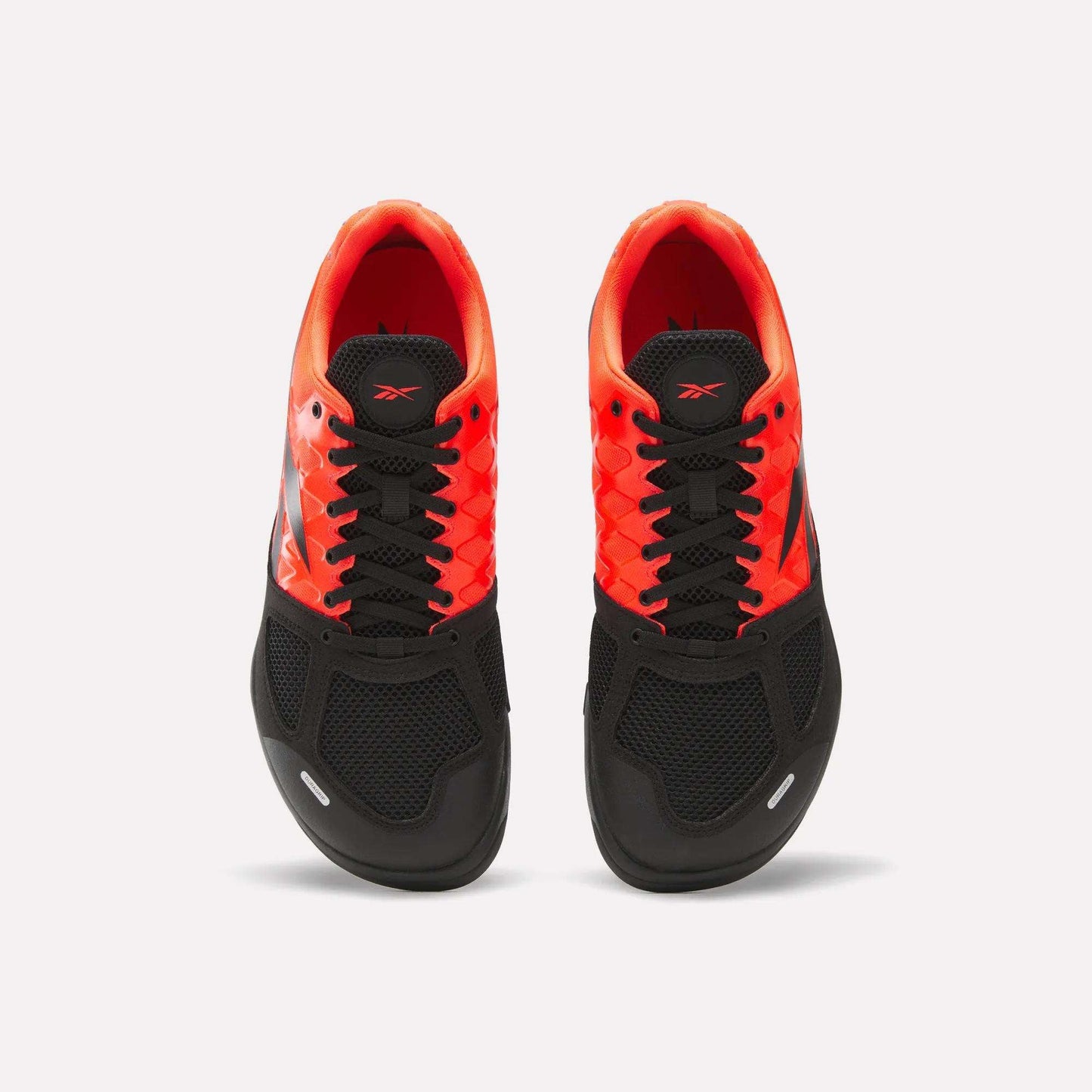 Reebok Men's Nano 2.0 Training Shoes—featuring black mesh toes and laces, vibrant orange-red sides, and inner lining—ideal for functional fitness, displayed from above on a white background.